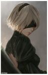  1girl back_cutout black_hairband border closed_mouth clothing_cutout covered_eyes from_side grey_background grey_hair hairband nier:automata nier_(series) short_hair solo upper_body w-e-z white_border yorha_no._2_type_b 