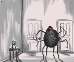  8_legs ambiguous_gender anthro arachnid arthropod black_body black_fur clothing detailed_background door fur hat headgear headwear hi_res mr._spider solo spider the_magnus_archives twistyblitzy 