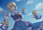  1girl alice_margatroid apron blonde_hair blue_dress blue_eyes blue_sky book bow bowtie capelet cloud day doll dress frills grimoire grimoire_of_alice hair_bow hairband hand_up holding holding_book holding_polearm holding_weapon jewelry lance lolita_hairband long_hair long_sleeves looking_at_viewer melachicca outdoors parted_lips polearm puffy_short_sleeves puffy_sleeves puppet_strings red_bow red_bowtie red_hairband ring shanghai_doll short_hair short_sleeves sidelocks sky touhou waist_apron weapon white_capelet 