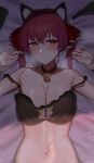  1girl animal_ears armpit_crease bell black_bra black_collar blurry blurry_foreground blush bra breasts cat_cutout cat_ears cat_lingerie clothing_cutout collar fake_animal_ears hands_up heterochromia highres hololive houshou_marine jingle_bell kotodekun large_breasts lying meme_attire navel neck_bell on_back red_eyes red_hair solo stomach strap_slip sweat twintails underwear upper_body virtual_youtuber yellow_eyes 