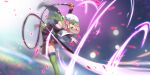  1girl :d braid breasts cleavage demon_slayer_uniform floating_hair green_eyes green_hair green_thighhighs haori highres holding holding_sword holding_weapon jacket japanese_clothes kanroji_mitsuri kimetsu_no_yaiba large_breasts long_hair long_sleeves miniskirt mole mole_under_eye motion_blur multicolored_hair open_clothes open_jacket outstretched_arms peach_luo pink_hair pleated_skirt purple_jacket purple_skirt skirt smile solo standing standing_on_one_leg sword thighhighs twin_braids two-tone_hair very_long_hair weapon 