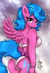  2023 accessory anthro blue_hair blue_tail bow_ribbon bra bracelet breasts butt clothing cutie_mark digital_media_(artwork) equid equine eyelashes feathered_wings feathers female firefly_(pre-g4) furgonomics hair hasbro hi_res jewelry joakaha mammal my_little_pony panties pegasus pink_body pink_feathers ribbons side_boob signature solo tail tail_accessory tail_bow tail_ribbon underwear white_bra white_clothing white_panties white_underwear wings 