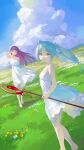  2girls absurdres adjusting_hair bare_legs barefoot blue_sky blunt_bangs breasts closed_mouth cloud darr1o dress elf fern_(sousou_no_frieren) floating_hair frieren grasslands green_eyes highres holding holding_staff large_breasts long_hair looking_at_viewer looking_to_the_side multiple_girls outdoors parted_bangs pointy_ears purple_eyes purple_hair sky sleeveless sleeveless_dress small_breasts smile sousou_no_frieren spaghetti_strap staff straight_hair sundress thick_eyebrows twintails white_dress white_hair wind 