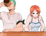  1boy 1girl arm_tattoo armband bad_id bad_twitter_id brown_eyes clenched_hand clenched_teeth commentary_request cup earrings green_hair hair_behind_ear holding holding_cup jewelry joman korean_commentary looking_at_another nami_(one_piece) one_piece orange_hair roronoa_zoro shirt short_hair simple_background single_sidelock tattoo teeth white_background white_shirt 