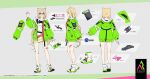  1girl aki_rosenthal aki_rosenthal_(6th_costume) animal_ears azumi_akitake belt black-framed_eyewear black_belt black_shirt blonde_hair cat_ears glasses green_jacket highres hololive hood hood_down hooded_jacket jacket long_hair low_twintails multiple_views off-shoulder_shirt off_shoulder official_alternate_costume official_alternate_hairstyle official_art overall_skirt overalls paint_stains parted_bangs purple_eyes reference_sheet shirt shoes side_slit skirt sneakers turnaround twintails two-sided_fabric two-sided_jacket virtual_youtuber white_footwear white_overalls white_skirt 