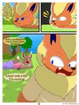  absurd_res anthro blue_eyes brown_body brown_eyes butt canid canine clothed clothing comic digital_drawing_(artwork) digital_media_(artwork) duo eevee eeveelution elizabeth_venizee female flamberry_(artist) flareon franklin_flare fur generation_1_pokemon grass hair hi_res idea male male/female mammal nintendo open_mouth orange_body orange_fur plant pokemon pokemon_(species) surprised_expression tail text tree 