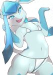  anthro blue_body blue_eyes blush clothed clothing eeveelution female generation_4_pokemon genitals glaceon hi_res looking_at_viewer nintendo open_mouth pokemon pokemon_(species) pussy simple_background solo swimwear white_background yamaimonoki 