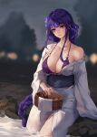  1girl bangs blurry blurry_background blush braid braided_ponytail breasts chihunhentai cleavage genshin_impact hair_ornament highres japanese_clothes large_breasts long_hair long_sleeves looking_at_viewer mole mole_under_eye o-ring o-ring_top off_shoulder onsen outdoors parted_lips partially_submerged purple_eyes purple_hair raiden_shogun revision sash single_bare_shoulder sitting water wide_sleeves 