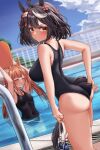  2girls absurdres adjusting_clothes adjusting_swimsuit ahoge alternate_costume animal_ears ass black_hair black_one-piece_swimsuit blue_sky blurry blurry_background blush breasts closed_mouth clothes_pull cloud cloudy_sky commentary_request cowboy_shot from_behind hair_between_eyes hair_rings highres horse_ears horse_girl horse_tail kitasan_black_(umamusume) long_hair looking_at_viewer looking_back medium_breasts multicolored_hair multiple_girls one-piece_swimsuit one-piece_swimsuit_pull outdoors partially_submerged pool red_eyes short_hair sky small_breasts streaked_hair sweep_tosho_(umamusume) swim_goggles swimsuit tabunshake tail tail_through_clothes umamusume white_hair 