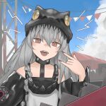  1girl \m/ black_collar blue_sky blush braid brown_eyes collar collarbone commentary day english_commentary fingernails g11_(dragon_jr.)_(girls&#039;_frontline) g11_(girls&#039;_frontline) girls&#039;_frontline grey_hair hair_between_eyes hat highres jacket long_hair looking_at_viewer nail_polish netqwrk off_shoulder official_alternate_costume open_mouth outdoors red_nails rocker-chic shirt single_braid sky sleeveless sleeveless_shirt slit_pupils solo_focus straight-on string_of_flags teeth upper_body very_long_hair 