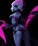  1girl ass bare_shoulders black_background black_skin breasts colored_skin evelynn_(league_of_legends) from_behind glowing grey_hair grey_skin large_breasts league_of_legends looking_at_viewer looking_back multicolored_hair pink_hair smile solo two-tone_hair vatheja yellow_eyes 