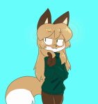  animated anthro averi_(fiddleafox) blinking blue_background blush blush_lines brown_body brown_fur brown_hair canid canine dipstick_tail female fiddleafox fox fur green_eyes hair hair_twirl mammal markings simple_background solo tail tail_markings tail_motion tailwag 