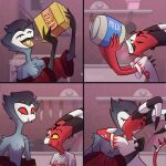  anthro avian bird blitzo_(helluva_boss) cereal clothed clothing drinking duo feathers food grey_body grey_feathers helluva_boss humanoid kissing male male/male milk mlavieer owl owl_demon partially_clothed red_body red_eyes red_skin stolas_(helluva_boss) yellow_eyes 