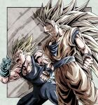  2boys anger_vein angry biceps blonde_hair blue_bodysuit blue_sash blue_shirt blue_wristband bodysuit border clenched_hands closed_mouth commentary_request dougi dragon_ball dragon_ball_z gloves green_eyes grey_background hand_up long_hair male_focus multiple_boys muscular muscular_male no_eyebrows open_mouth orange_pants outside_border pants pectorals sash shirt short_sleeves simple_background sleeveless sleeveless_bodysuit smile smirk son_goku spiked_hair standing super_saiyan super_saiyan_3 teeth tongue ushi_(akabec0) v-shaped_eyebrows vegeta veins very_long_hair white_border white_gloves wristband 