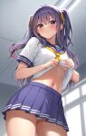  1girl blue_eyes breasts closed_mouth clothes_lift contrapposto cowboy_shot frown hair_ribbon indoors karutamo lifted_by_self long_hair looking_at_viewer medium_breasts miniskirt navel neckerchief original panties pantyshot pleated_skirt purple_hair purple_skirt rakugaki-chan ribbon sailor_collar school_uniform serafuku shirt shirt_lift short_sleeves sidelocks skirt solo standing stomach thighs two_side_up underboob underwear v-shaped_eyebrows white_panties white_shirt 