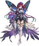  1girl blue_eyes boots breasts brown_hair butterfly_wings cleavage covered_navel fairy fairy_wings fire_emblem fire_emblem_heroes floating floating_object floating_weapon flower hair_flower hair_ornament highres medium_breasts navel non-web_source official_alternate_costume official_art plant_hair solo sword thigh_boots thighhighs triandra_(fire_emblem) weapon white_thighhighs wings 