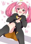  asymmetrical_legwear blunt_bangs blush breasts cleavage highres large_breasts medium_hair mismatched_legwear pink_hair pokemon pokemon_(anime) sango_(pokemon) sitting tottotonero 