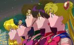  5girls aino_minako bishoujo_senshi_sailor_moon blonde_hair blue_choker blue_eyes blue_gemstone blue_hair blue_sailor_collar bow bowtie brooch brown_hair choker circlet closed_mouth commentary_request crescent crescent_choker crescent_earrings double_bun earrings english_commentary from_side gem gold gold_earrings green_choker green_eyes green_sailor_collar hair_bobbles hair_bun hair_ornament highres hino_rei jewelry kino_makoto leotard long_hair magical_girl medium_hair mixed-language_commentary mizuno_ami multiple_girls orange_choker orange_gemstone parted_bangs pearl_(gemstone) pink_bow pink_bowtie ponytail purple_bow purple_bowtie purple_eyes purple_hair red_bow red_bowtie red_choker red_gemstone red_sailor_collar sailor_collar sailor_jupiter sailor_mars sailor_mercury sailor_moon sailor_senshi_uniform sailor_venus shirt short_hair short_sleeves sidelocks star_(symbol) star_earrings stud_earrings swept_bangs tsukino_usagi twintails very_long_hair vfwe2535 white_leotard white_shirt 