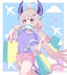  1girl ahoge bag blonde_hair blue_hair blue_nails bracelet commentary enna_alouette gradient_hair hair_ornament hair_ribbon hairclip head_wings highres jewelry long_hair low_twintails mouth_hold mugimugigo multicolored_hair nijisanji nijisanji_en pink_ribbon pink_shorts purple_eyes purple_shirt purple_wings ribbon shirt shopping_bag shorts solo symbol-only_commentary twintails very_long_hair virtual_youtuber wings 