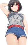  1girl arm_behind_head arm_up bang_dream! belt black_hair blue_shorts breasts closed_mouth commentary from_below grey_sweater highres looking_at_viewer looking_down mitake_ran multicolored_hair noshimurin purple_eyes red_belt red_hair short_hair short_shorts shorts simple_background sleeveless sleeveless_turtleneck small_breasts solo standing streaked_hair sweater turtleneck two-tone_hair white_background 