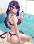  1girl absurdres ass bikini bottle breasts commentary genshin_impact hair_ornament highres holding holding_bottle large_breasts long_hair looking_at_viewer nail_polish parted_lips purple_bikini purple_eyes purple_hair purple_nails raiden_shogun sitting solo swimsuit tangerine_honey thighs very_long_hair water_bottle 