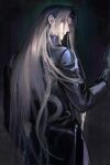  black_background black_coat black_gloves coat expressionless final_fantasy final_fantasy_vii gloves green_eyes grey_hair hand_on_wall high_collar highres long_bangs long_hair looking_back sephiroth simple_background slit_pupils snake_print xianyu314 