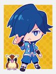  1boy beak blue_eyes blue_hair chibi clenched_hand commentary_request falkner_(pokemon) hair_over_one_eye haori highres japanese_clothes kimono looking_at_viewer male_focus outline outside_border pidgey pokemon pokemon_(creature) pokemon_(game) pokemon_hgss sash signature tsugomori_(sprn303) white_outline white_sash 