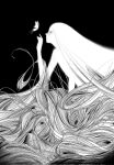  1girl absurdly_long_hair androgynous animal bug butterfly completely_nude entangled flat_chest from_side greyscale hand_up highres leaning_forward long_hair looking_at_animal monochrome nude original profile reaching sae_sae simple_background very_long_hair 