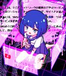  1girl aqua_eyes barefoot blue_hair blue_neckerchief blue_skirt blunt_bangs bob_cut chibikki dot_nose drugs kneeling looking_at_viewer nanako_(chibikki) neckerchief open_mouth original pixel_art school_uniform serafuku skirt tears translation_request vaporwave window_(computing) 