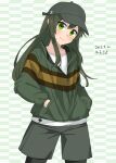  1girl absurdres baseball_cap brown_jacket cowboy_shot dark_green_hair front_zipper green_eyes green_headwear green_jacket green_shorts hamukiyo hands_in_pockets hat highres hood hooded_jacket jacket kantai_collection long_hair long_sleeves multicolored_clothes multicolored_jacket official_alternate_costume official_alternate_hairstyle partially_unzipped shirt shorts smile solo standing white_shirt zuikaku_(kancolle) 