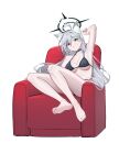  absurdres ahoge animal_ears aqua_hair arm_up armpits asymmetrical_hair asymmetrical_sidelocks bare_legs bare_shoulders barefoot bikini black_bikini black_choker blue_archive blue_eyes breasts bright_pupils cat_ears choker cleavage couch doufu_(pixiv9093484) grey_hair hair_between_eyes halo highres large_breasts long_hair multicolored_hair on_couch shiroko_(blue_archive) sitting solo swimsuit white_background white_pupils 
