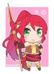  1girl armlet black_gloves buckler chibi circlet diadem elbow_gloves forehead_protector gloves gorget green_eyes hand_on_own_hip high_ponytail holding holding_weapon javelin_(spear) leg_armor long_hair looking_at_viewer milo_and_akouo nunun pink_background ponytail pyrrha_nikos red_hair rwby shield sidelocks solo standing twitter_username weapon white_background 