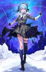  blue_choker blue_hair choker crown dress gloves grey_headwear highres hololive hoshimachi_suisei hoshimachi_suisei_(1st_costume) jacket microphone mini_crown partially_fingerless_gloves plaid plaid_dress plaid_jacket single_thighhigh sky star_(sky) star_(symbol) star_bracelet star_choker star_in_eye starry_sky symbol_in_eye thighhighs thighs virtual_youtuber yellow_takano 