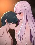  1boy 1girl blush breast_sucking breasts breath byleth_(fire_emblem) byleth_(male)_(fire_emblem) collarbone commentary_request fire_emblem fire_emblem:_three_houses green_hair highres hondaranya long_hair lysithea_von_ordelia nipples nude red_eyes short_hair small_breasts sweat teacher_and_student tears white_hair 