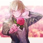  1boy black_jacket black_shirt blurry blurry_background blush brown_hair buttoned_cuffs buttons collared_shirt double-breasted ensemble_stars! flower grey_vest hair_between_eyes hakaze_kaoru hand_on_own_neck holding holding_flower incoming_gift jacket long_sleeves looking_at_viewer male_focus medium_hair nik_ibi one_eye_closed open_clothes open_jacket open_mouth red_flower red_rose rose shirt sidelocks smile solo straight-on teeth upper_body upper_teeth_only vest 