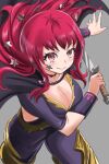  1girl black_cape bodysuit breasts cape cleavage clothing_cutout dagger facial_mark fire_emblem fire_emblem_engage gold_belt hair_ornament highres holding holding_dagger holding_knife holding_weapon knife long_hair red_hair side_cutout smile solo star_(symbol) star_facial_mark star_hair_ornament tensakurenai weapon yunaka_(fire_emblem) 