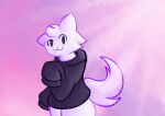  absurd_res anthro bloope boy_kisser_(meme) butt clothed clothing felid feline fur hi_res hoodie humanoid looking_at_viewer male mammal silly_cat_(mauzymice) simple_background smile solo tail topwear white_body white_fur 