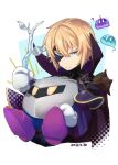  2boys ? blonde_hair blue_eyes cape commentary_request crossover dainsleif_(genshin_impact) genshin_impact highres kirby_(series) looking_down looking_up male_focus mask meta_knight multiple_boys oinu_(magrosuki) purple_footwear slime_(creature) slime_(genshin_impact) stick yellow_eyes 