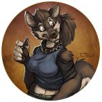  1:1 2016 anthro brown_body brown_eyes brown_fur canid canine canis clothing collar female fur hair mammal ponytail ripley_(teaselbone) simple_background solo spiked_collar spikes teaselbone torn_clothing were werecanid werecanine werewolf wolf 