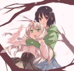  2girls :o arm_around_neck black_hair blue_skirt branch brown_dress brown_ribbon cherry_blossom_background cherry_blossoms dress green_eyes grey_hoodie hand_on_another&#039;s_head headlock hood hoodie kawamura_reo kirisato_itsuki looking_at_viewer multiple_girls oekaki open_mouth pink_dress pleated_skirt purple_eyes ribbon sawaguchi_mai skirt smile sono_hanabira_ni_kuchizuke_wo two-tone_dress waist_ribbon yuri 