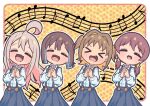  &gt;_&lt; 4girls :d =_= ahoge black_skirt blue_hair brown_hair chibi colored_inner_hair commentary facing_viewer fang hair_intakes hozuki_momiji interlocked_fingers long_hair long_sleeves low_twintails multicolored_hair multiple_girls murosaki_miyo music musical_note namari_siro oka_asahi onii-chan_wa_oshimai! open_mouth orange_hair outline own_hands_together oyama_mahiro pink_hair school_uniform shirt short_hair short_ponytail singing skirt smile staff_(music) suspender_skirt suspenders twintails two-tone_hair two_side_up white_outline white_shirt xd 