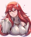  1girl absurdres armor blush breastplate closed_mouth commission cordelia_(fire_emblem) cropped_torso evomanaphy fire_emblem fire_emblem_awakening hair_between_eyes hair_ornament heart highres lips long_hair looking_at_viewer pink_lips red_eyes red_hair simple_background smile solo twitter_username very_long_hair wing_hair_ornament 