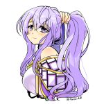  1girl alternate_hairstyle bare_shoulders blush breasts circlet commentary_request dress fire_emblem fire_emblem:_genealogy_of_the_holy_war holding_own_hair julia_(fire_emblem) long_hair ponytail purple_eyes purple_hair simple_background smile solo yukia_(firstaid0) 