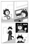  ambiguous_gender anthro beverage black_and_white clothed clothing coffee comic comic_panel computer container creator_ant cup desk domestic_cat duo felid feline felis female furniture hair hi_res laptop male mammal mary_(creator_ant) monochrome mug office raised_hand short_hair suit table zenji_(creator_ant) 