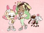  4girls animal_ear_headwear animal_ears beret black_eyes black_hair black_skirt blue_pants blush bow callie_(splatoon) chain cinnamoroll cinnamoroll_(cosplay) closed_eyes coat cosplay crop_top cross-shaped_pupils earrings fake_animal_ears gold_chain gradient_hair green_hoodie green_pantyhose grey_hair hair_bow hat heart hello_kitty_(character) hello_kitty_(character)_(cosplay) hood hoodie jewelry long_hair long_sleeves marie_(splatoon) marina_(splatoon) multicolored_hair multiple_girls my_melody my_melody_(cosplay) open_clothes open_coat pants pants_rolled_up pantyhose pearl_(splatoon) pink_background pink_coat pointy_ears pompompurin pompompurin_(cosplay) red_bow ring shirt shoes short_hair skirt sleeveless smile sneakers splatoon_(series) swallow02 symbol-shaped_pupils tentacle_hair thick_eyebrows white_shirt 