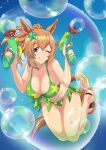  1girl absurdres alternate_costume animal_ears bikini blue_eyes blue_sky breasts brown_hair bubble bubble_gun cleavage closed_mouth commentary_request front-tie_bikini_top front-tie_top hair_between_eyes hair_ornament highres horse_ears horse_girl horse_tail kazakoshi_nonta large_breasts looking_at_viewer medium_hair midair navel one_eye_closed outdoors sandals side-tie_bikini_bottom sky smile soap_bubbles swimsuit taiki_shuttle_(umamusume) tail tongue tongue_out two-tone_bikini umamusume 
