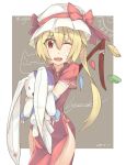  1girl alternate_costume blonde_hair cowboy_shot dated dress fang flandre_scarlet grey_background hair_between_eyes hat hat_ribbon holding holding_stuffed_toy long_hair looking_at_viewer lyu mob_cap one_eye_closed open_mouth red_dress red_eyes red_ribbon ribbon short_sleeves simple_background solo striped_arm_warmers stuffed_animal stuffed_rabbit stuffed_toy touhou white_headwear 