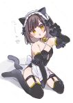  1girl alternate_costume animal_ears apron bare_shoulders bell between_legs black_bow black_gloves black_hair black_leotard black_thighhighs blush bow cat_ears cat_tail claw_pose commentary_request denonbu elbow_gloves fake_animal_ears fake_tail frilled_apron frills full_body garter_straps gloves hair_bow hand_between_legs hand_up highres jingle_bell kurogane_tama leotard looking_at_viewer maid maid_headdress mii_(mii_chan11) open_mouth short_hair sitting solo tail thigh_strap thighhighs unconventional_maid waist_apron wariza white_apron white_background yellow_eyes 