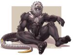  4_toes 5_fingers abs absurd_res amon-sydonai anthro arm_tuft balls biceps black_body black_nose body_hair chest_hair claws dark_body erection feet felid fingers fur genitals grey_hair hair hairy head_tuft hi_res hindpaw humanoid_genitalia humanoid_penis hybrid hybrid_tail lion looking_at_viewer male mammal marbas markings muscular muscular_anthro muscular_male muscular_thighs nails nipples nude pantherine paws pecs penis pubes pupils serratus sharp_claws sharp_nails simple_background sitting slit_pupils solo tail toes triceps tuft watermark yellow_sclera 