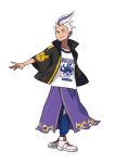  1boy absurdres arm_behind_back artist_request black_jacket blue_pants closed_mouth clothes_writing collarbone drayton_(pokemon) forehead full_body grey_hair happy highres jacket looking_to_the_side male_focus multicolored_hair official_art open_clothes open_jacket outline outstretched_arm pants pants_under_skirt poke_ball_symbol pokemon pokemon_(game) pokemon_sv purple_hair purple_skirt shirt shoes short_hair short_sleeves simple_background skirt smile solo split_mouth standing streaked_hair transparent_background two-tone_hair white_footwear white_outline white_shirt yellow_eyes 